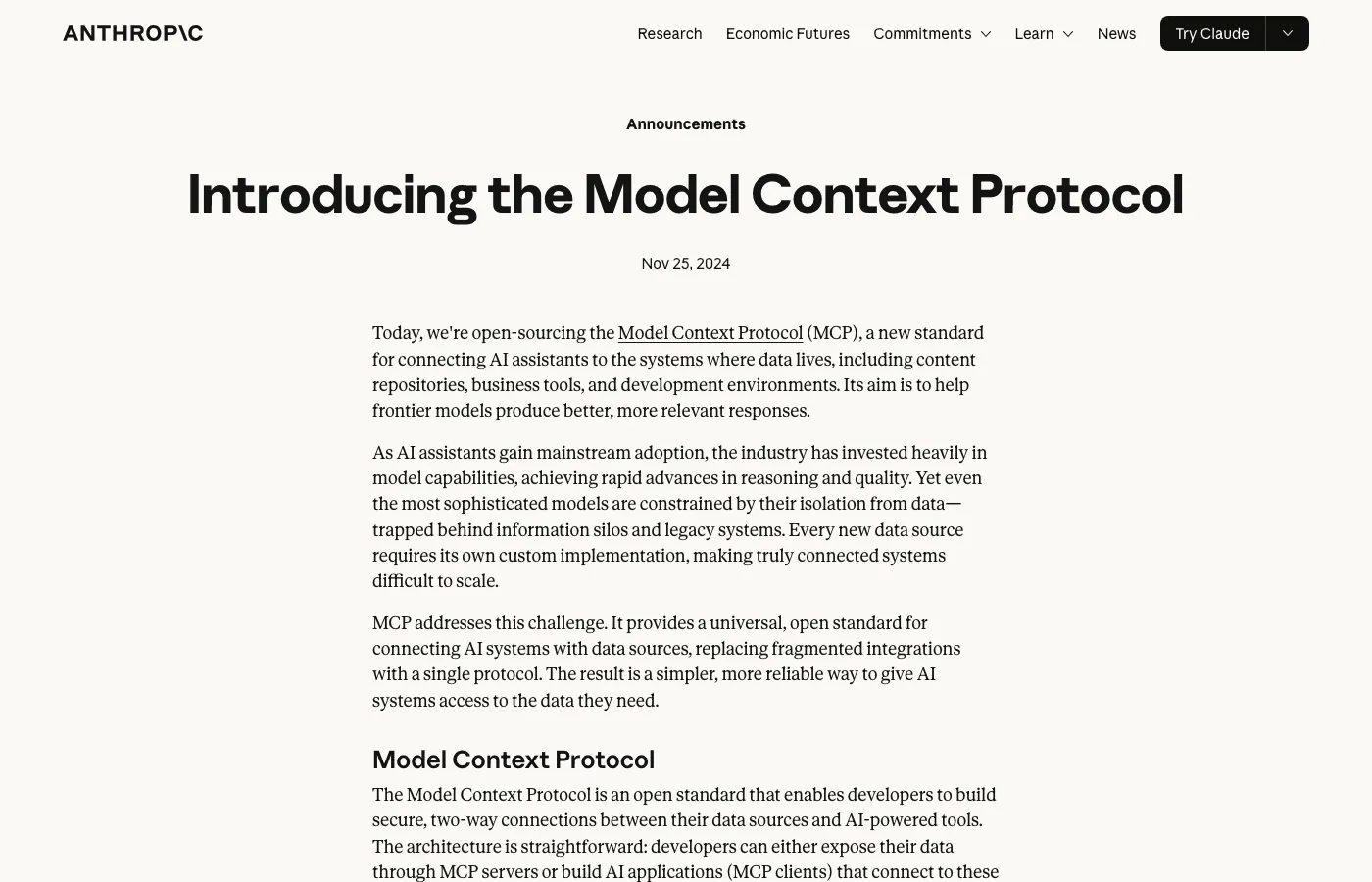 Screenshot of anthropic.com: Anthropic introducing MCP