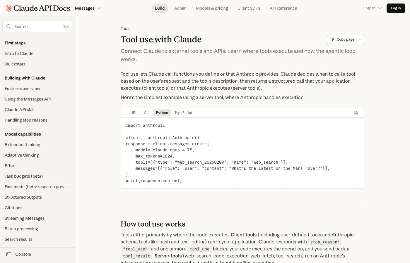Screenshot of docs.claude.com: Claude tool use documentation