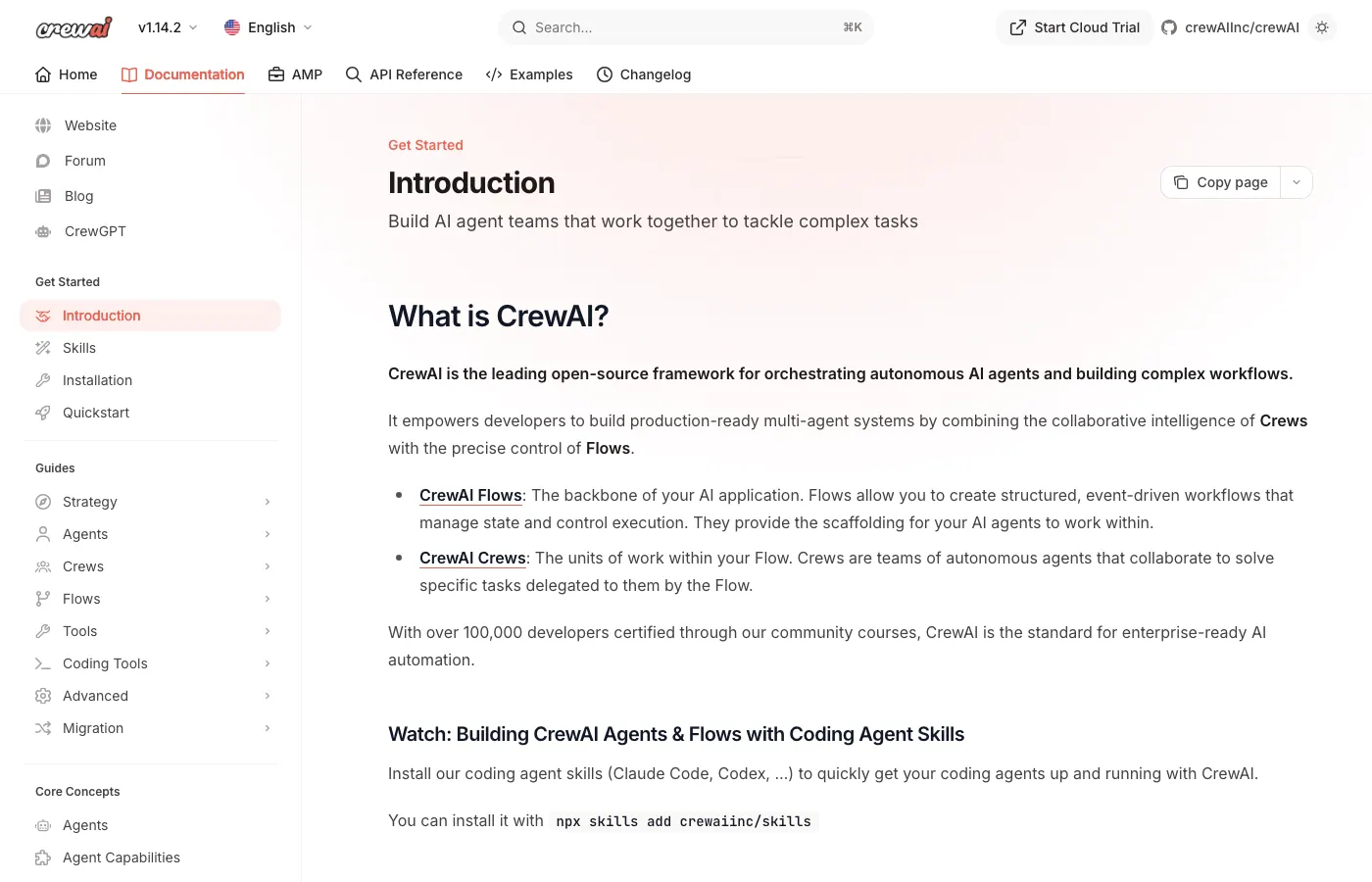 Screenshot of docs.crewai.com: CrewAI docs