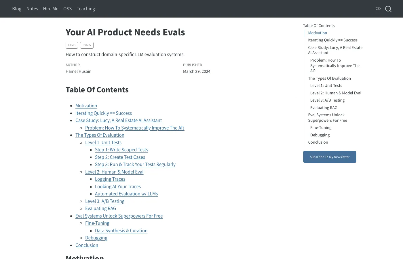 Screenshot of hamel.dev: Hamel Husain: Evals are the main thing