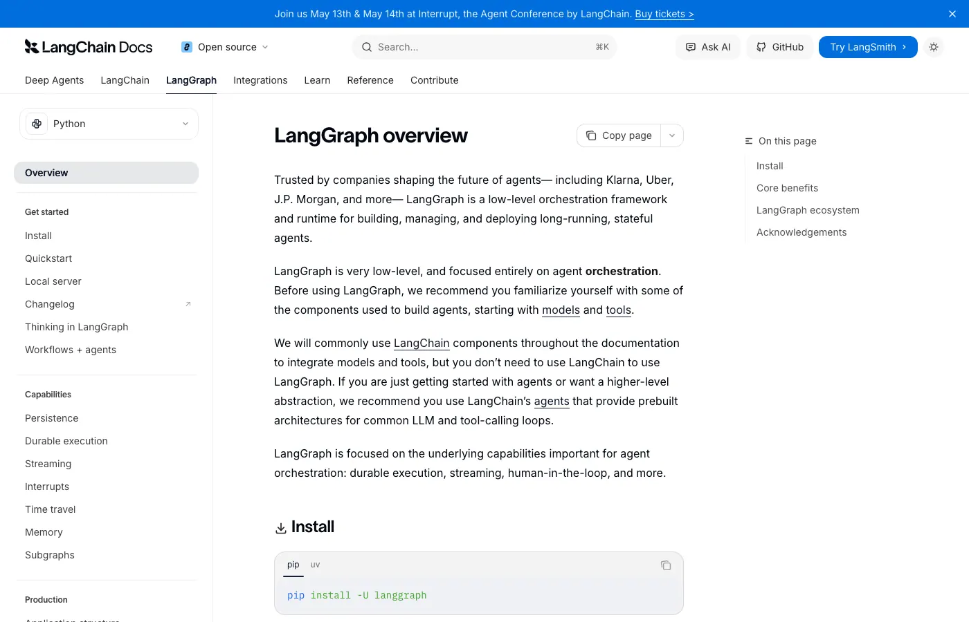 Screenshot of langchain-ai.github.io: LangGraph docs
