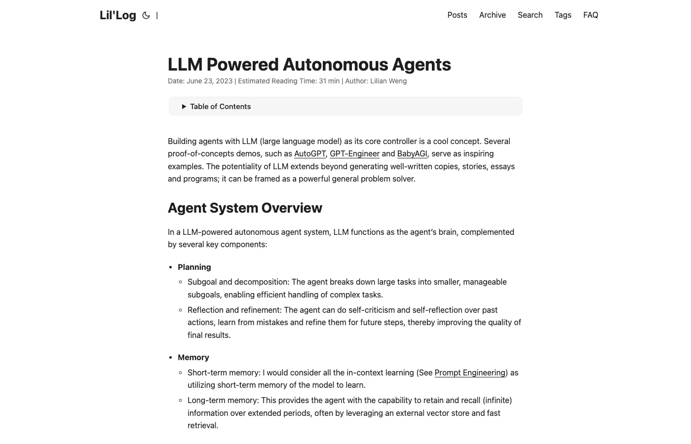 Screenshot of lilianweng.github.io: Lilian Weng: LLM Powered Autonomous Agents