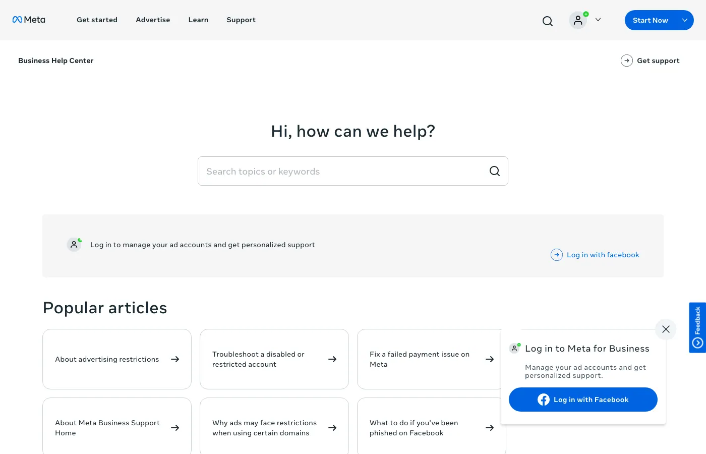 Screenshot of facebook.com: Meta Business Help Center