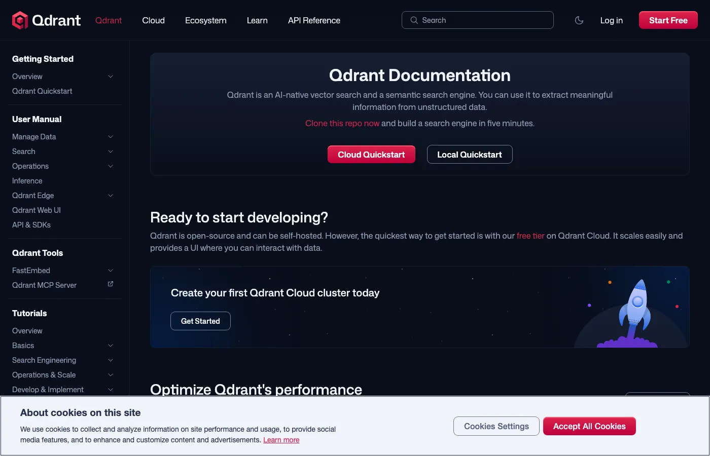 Screenshot of qdrant.tech: Qdrant docs
