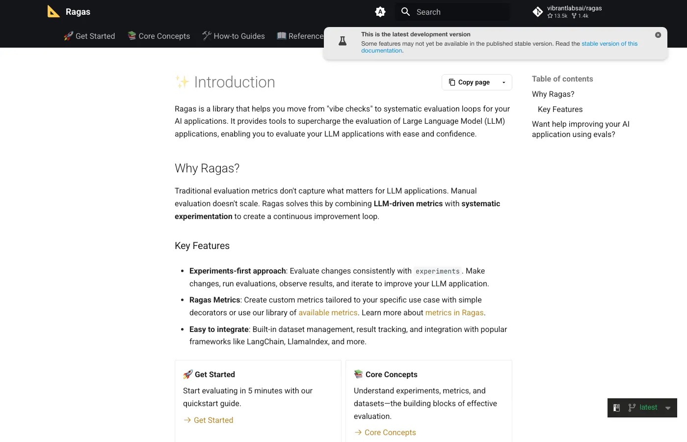 Screenshot of docs.ragas.io: RAGAS evaluation framework