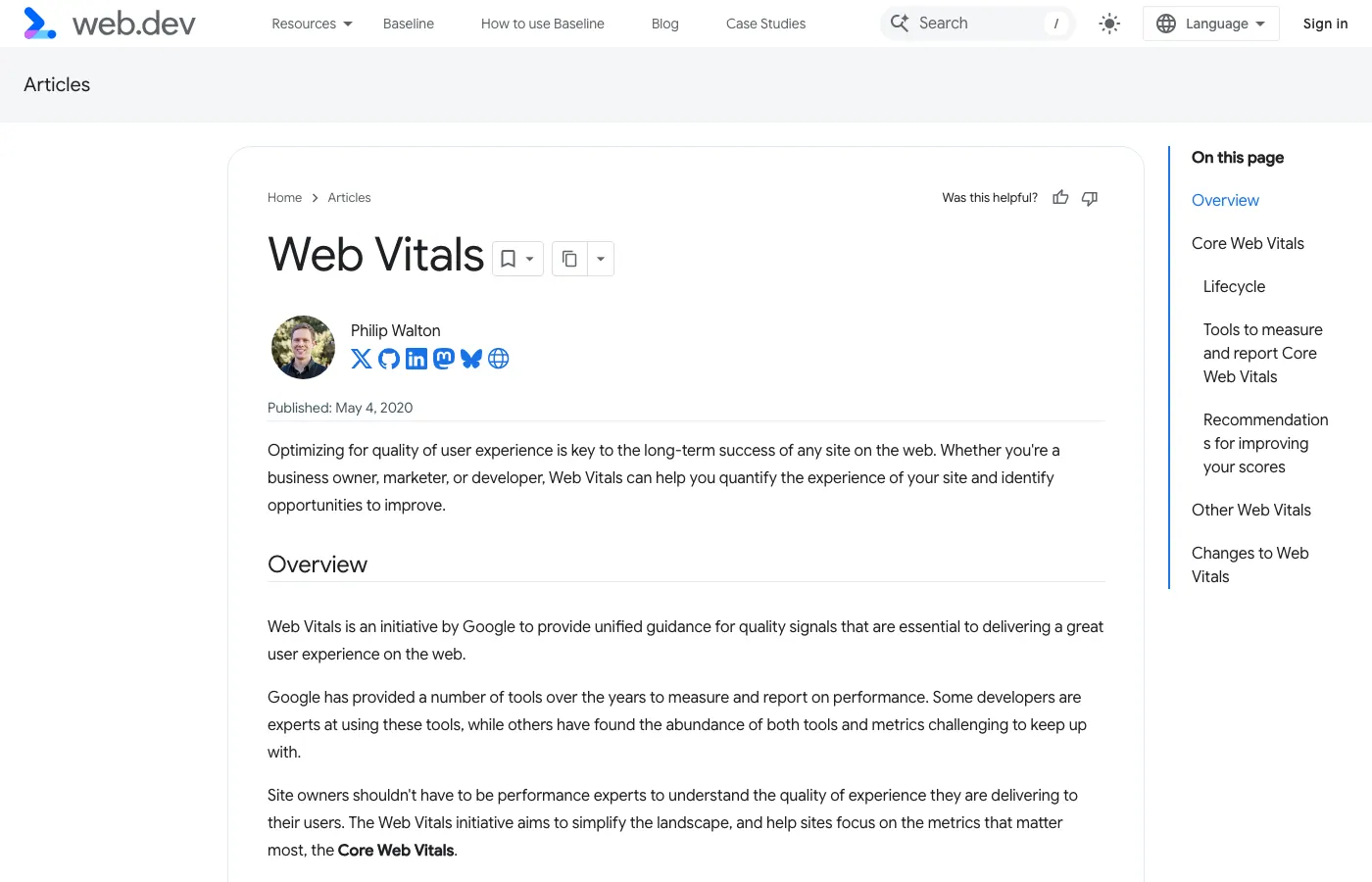 Screenshot of web.dev: Core Web Vitals on web.dev