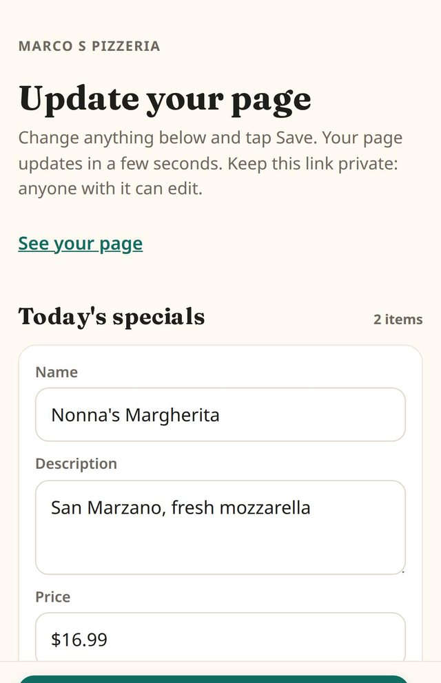 The private edit form for the same page, with specials, descriptions and prices