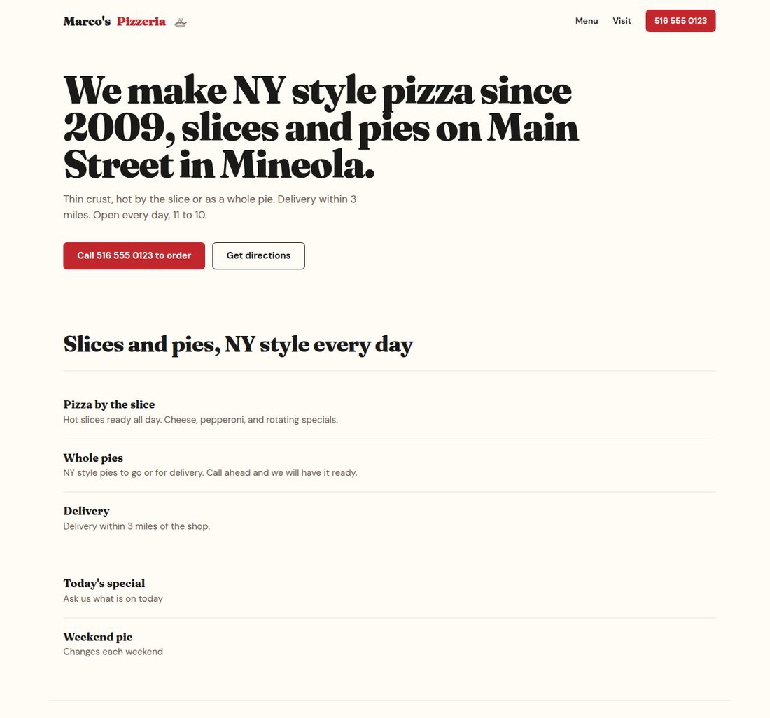 A type-only page for a test pizzeria, built from the owner's words